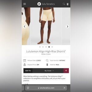 NWT Lululemon Align High-Rise Short 6"
Butter Cream